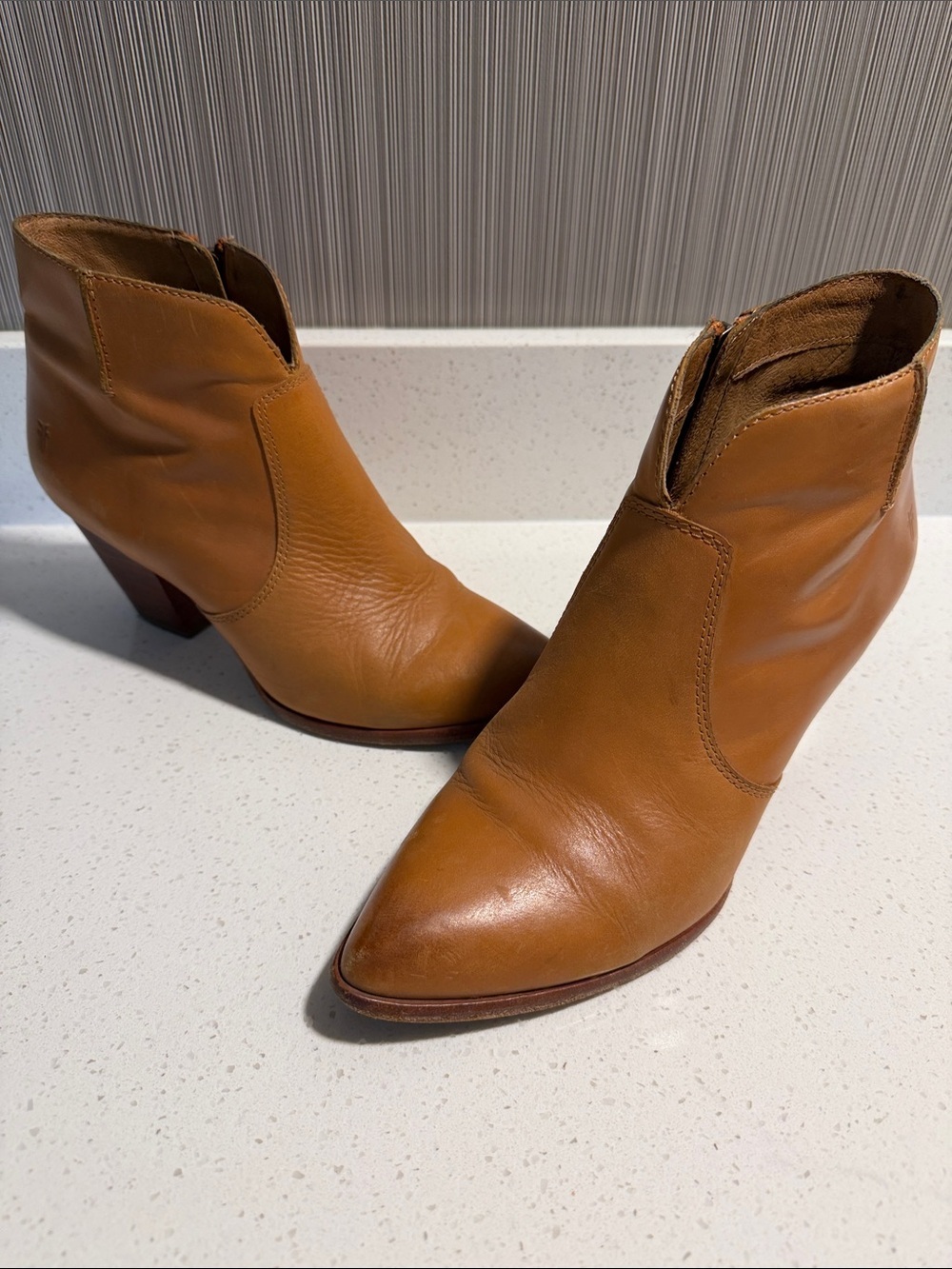 Frye Tan Leather Pointed-Toe Ankle Booties